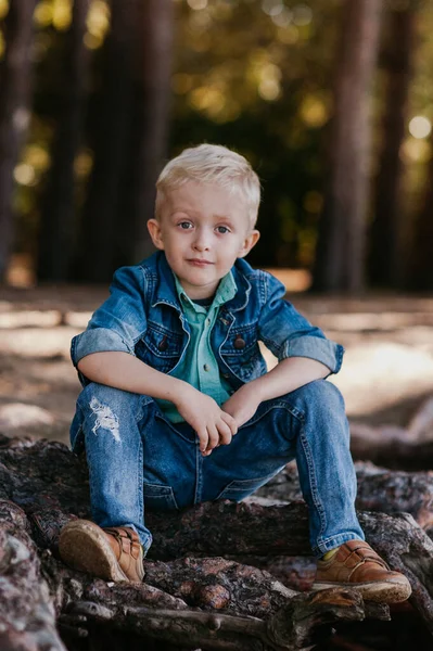 Lindo niño sentado en el parque de verano. Retrato exterior . — Foto de Stock