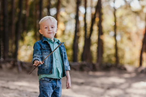 Emotional portrait of a happy and cheerful little boy, running after a friend laughing while playing on a walk in the park. Happy childhood. Summertime. Summer vacation. Positive emotions and energy — Stock Photo, Image