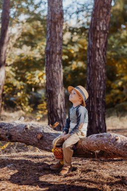 Sepetli şapkalı şık bir çocuk. Sonbaharda şapkalı ve sepetli bir çocuk.