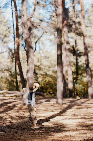 Rapaz elegante com um chapéu e um cesto. menino no parque em um chapéu com uma cesta no outono — Fotografia de Stock