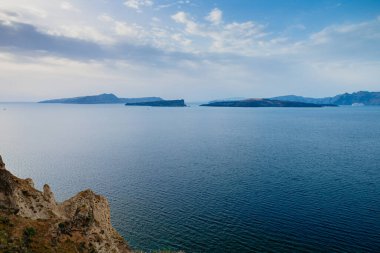 Santorini Adası, Yunanistan. Güzel yaz manzarası, deniz manzarası.