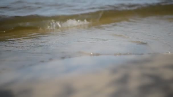Närbild av havsvågor tvätta stranden En sandstrand. Havsskum på sanden, närbild. Närbild skott av lugnande skummande vatten — Stockvideo