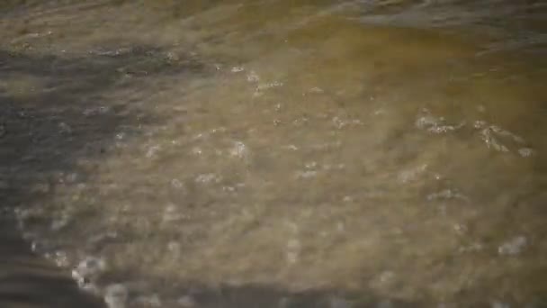 Primer plano de olas marinas lavando Ashore una playa de arena. Espuma marina en la arena, de cerca. Primer plano de calmar el agua espumosa — Vídeo de stock