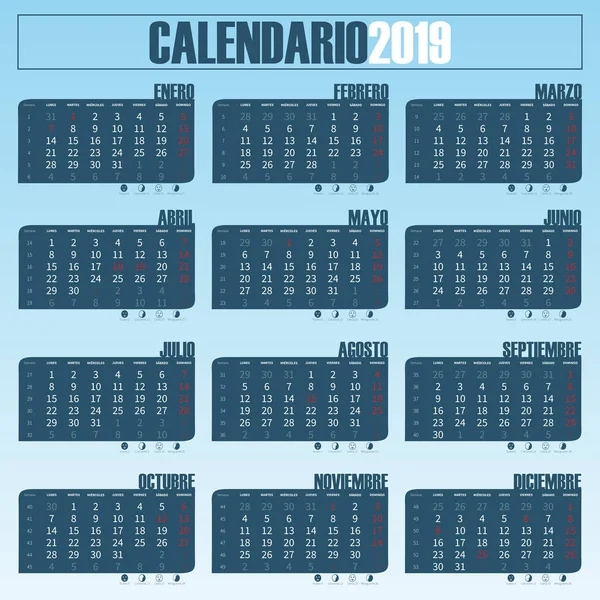 Zweitausendneunzehn Kalender — Stockvektor