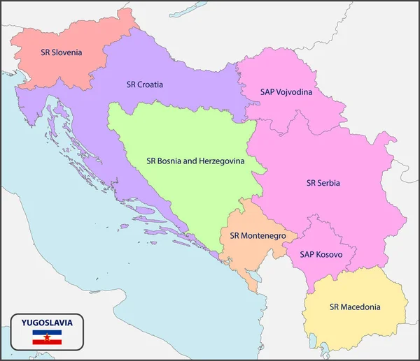 Mappa politica della Jugoslavia con nomi — Vettoriale Stock
