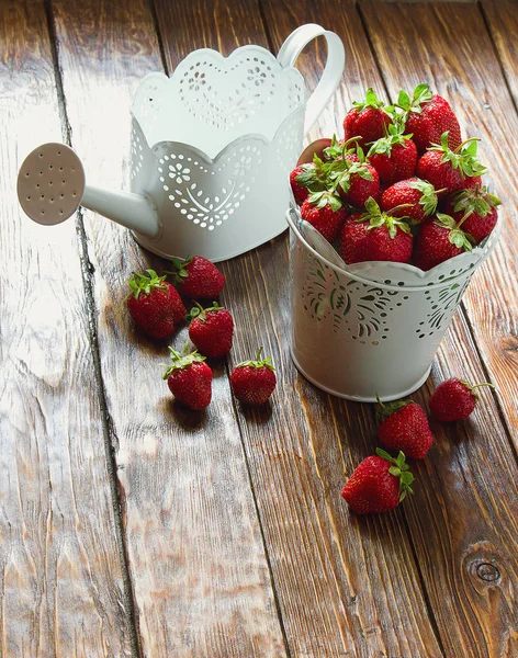 White Bucket Strawberry Watering Can Wooden Background — Stock Photo, Image