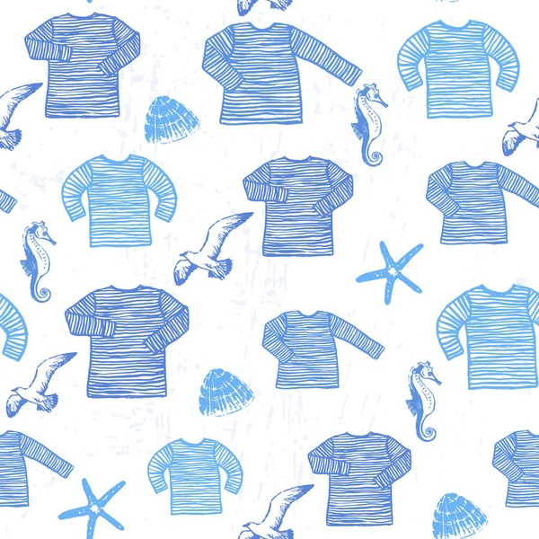 Deniz ruh sorunsuz illüstrasyon mavi ve beyaz denizci çizgili yelek ve deniz hayvanları ile vektör tasarımı