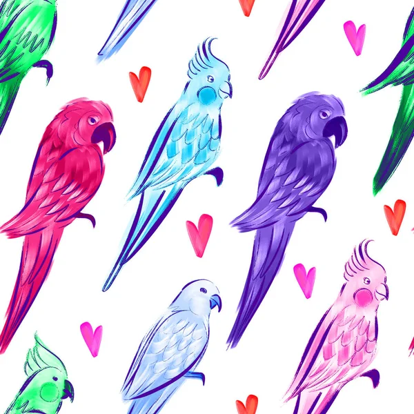 Ilustração Brilhante Com Papagaios Desenho Sem Costura Com Pássaros Tropicais — Fotografia de Stock