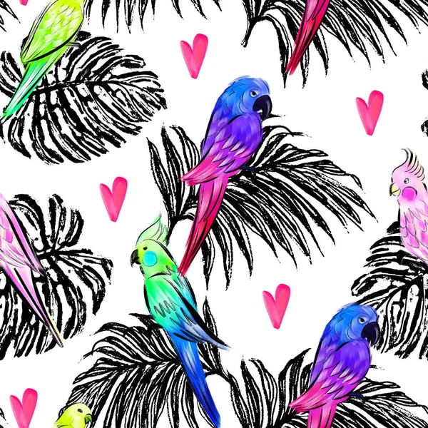 Ljusa Illustration Med Papegojor Sömlös Design Med Tropiska Fåglar — Stockfoto