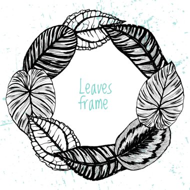 Vektör çerçeve ile mürekkep elle çizilmiş egzotik bitkiler yaprakları