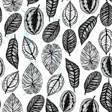 Mürekkep el çekilmiş seamless modeli ile egzotik bitki yaprakları