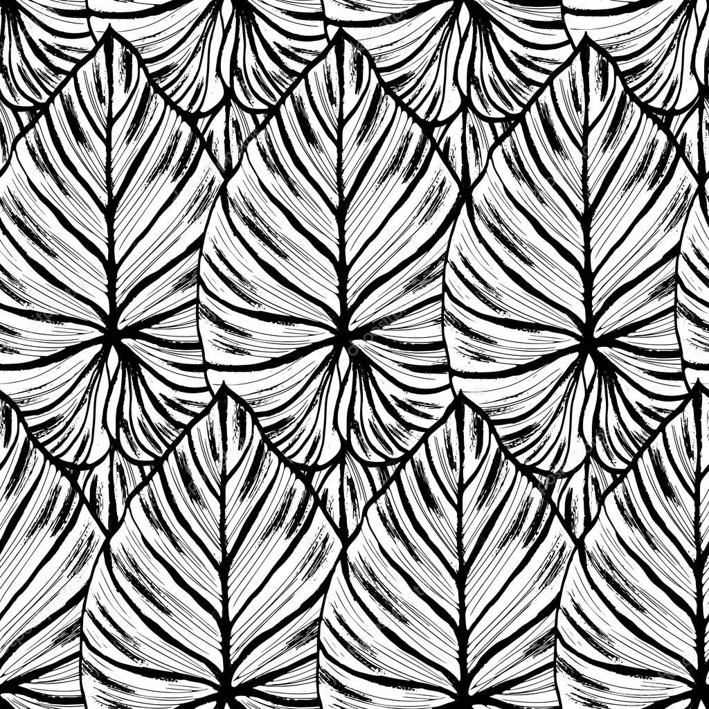 Ink hand drawn seamless pattern with exotic plant leaves