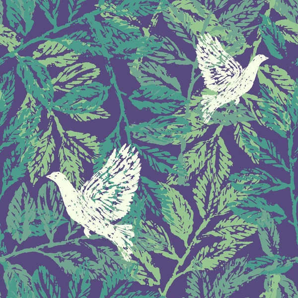 墨手绘制无缝图案与月桂树枝和鸽子 — 图库矢量图片