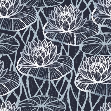 Lotus Dikişsiz desen gümüş mürekkep el çekilmiş