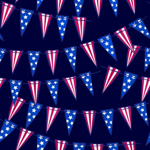 Ink hand drawn seamless pattern with american flag garland on July 4th — Stock Vector
