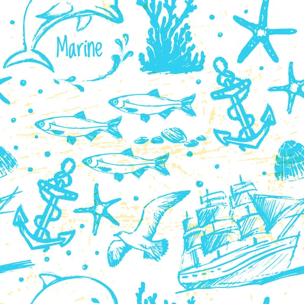 Inkt hand getekende mariene wereld naadloze patroon — Stockvector