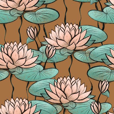 Nilüferler ile dikişsiz desen çiçekler El çizilmiş çiçek yüzey tasarımı