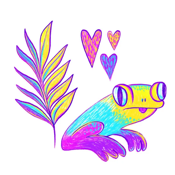 Set of illustrations on the boy wonder theme:frog, hearts, palm branch — Stock Photo, Image