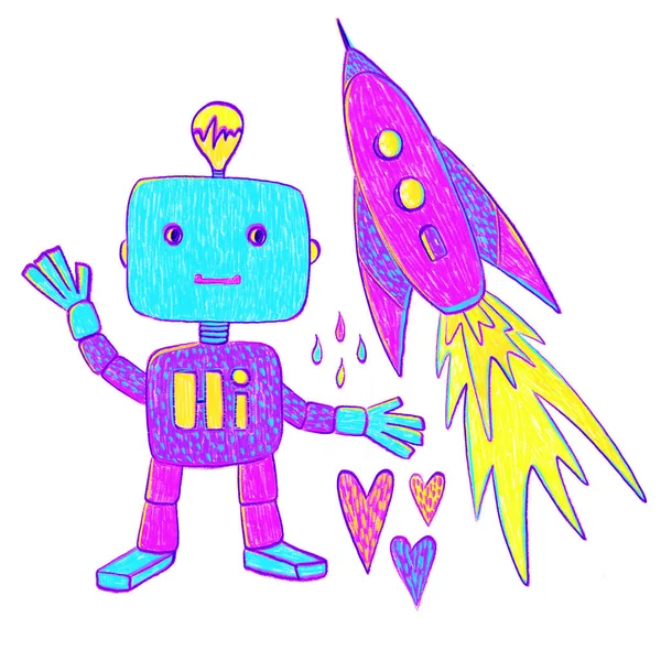 Set of illustrations on the boy wonder theme: robot, rocket, raindrops, hearts — Stock Photo, Image