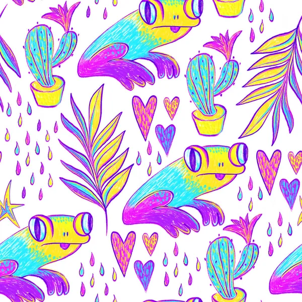 Seamless pattern on the dog life theme with cacti, frogs, hearts, raindrops, palm branches — Stock Photo, Image