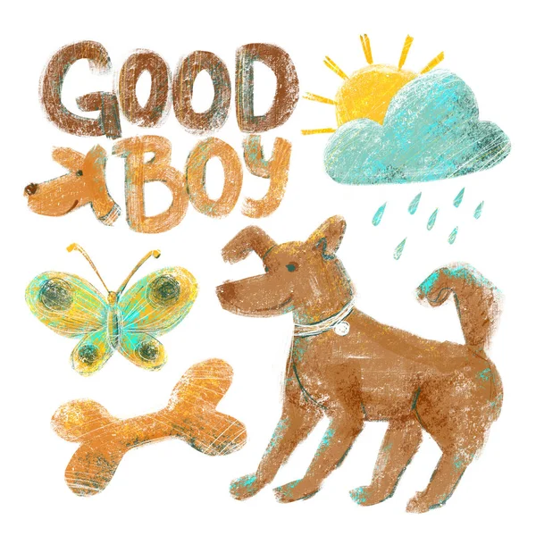 Uppsättning illustrationer på hund livet tema: hundar, hund krigsfångar, ben, fjärilar, moln, sol och prickar — Stockfoto