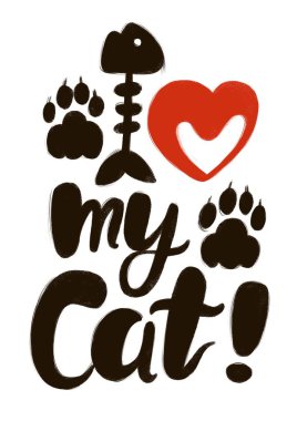 Kedi yazımı seviyorum. Siyah ve kırmızı el çizilmiş yazıt.