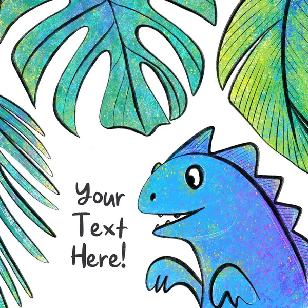 Illustration with a dinosaur in the jungle. Hand-drawn dino and tropical leaves. — Stock Photo, Image