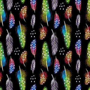 Renkli el çizilmiş kuş tüyleri ile sanatsal dikişsiz desen Parlak el çizilmiş yüzey tasarımı