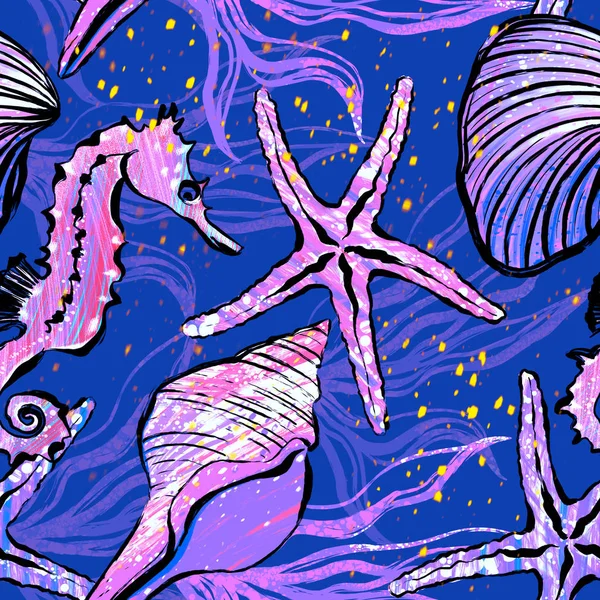 Sömlöst mönster på marint tema med snäckor, sjöstjärnor, sjöhästar och sjögräs — Stockfoto