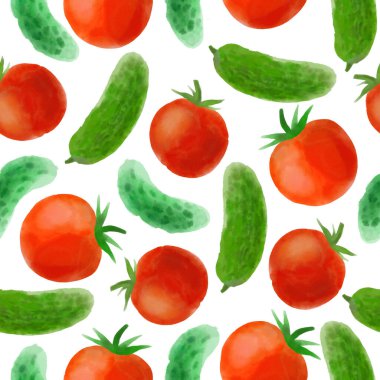 Parlak dijital domatesleri ve beyaz arka planda salatalıkları olan kusursuz bir tasarım.