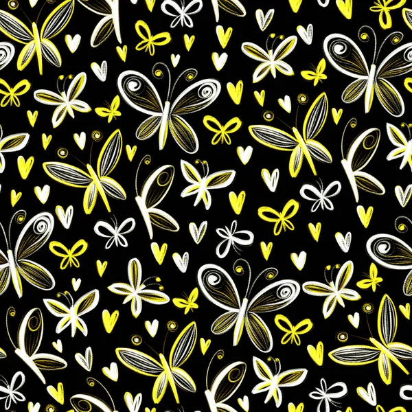 黒の背景に手描きの黄色い蝶と鮮やかなネオンのシームレスなパターン — ストック写真