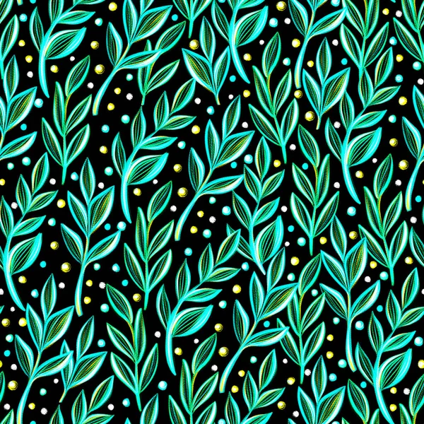 Яркий Неоновый Бесшовный Узор Ручным Рисованием Зеленых Листьев Черном Фоне — стоковое фото