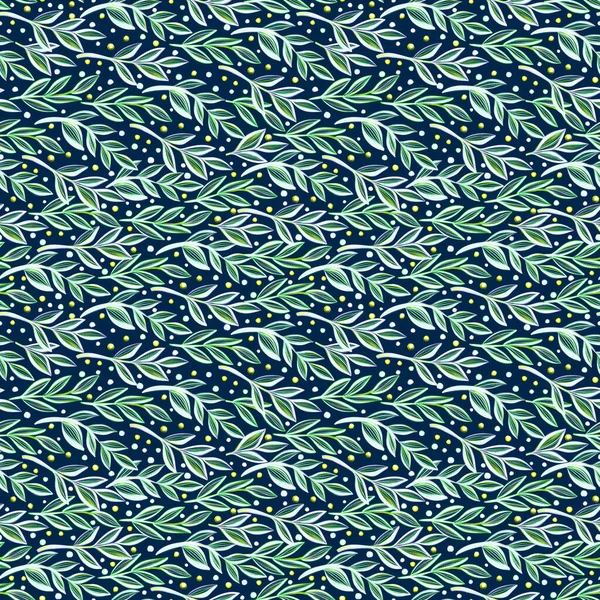Seamless Pattern Hand Drawn Green Leaves Dark Background — Stock Photo, Image