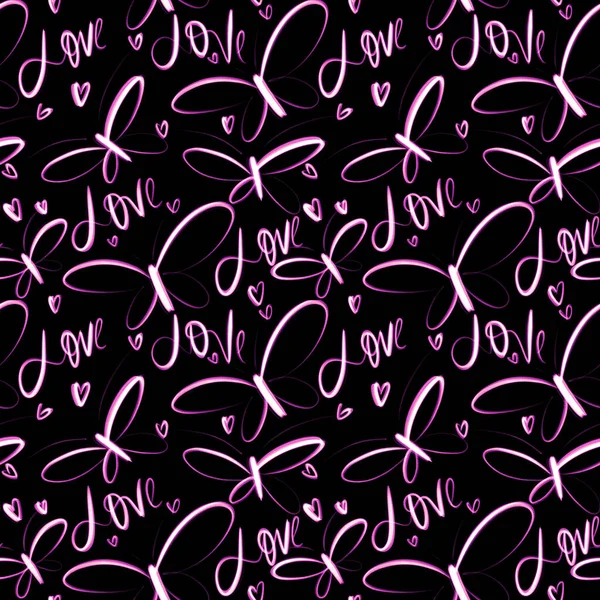 Vivid Neon Seamless Pattern Hand Drawn Pink Butterflies Black Background — Stock Photo, Image