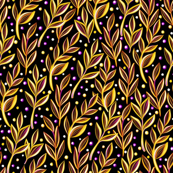 手描きの黄色の葉が黒い背景に鮮やかなネオンのシームレスなパターン — ストック写真