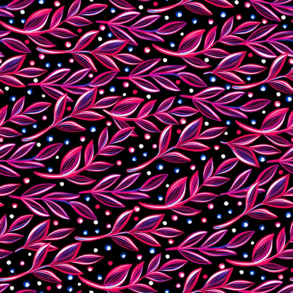 Яскравий Неоновий Безшовний Візерунок Намальованим Рукою Рожевим Листям Чорному Тлі — стокове фото