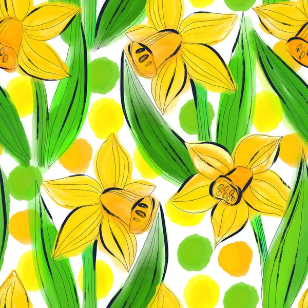 Modello Digitale Disegnato Mano Senza Cuciture Con Narcisi Luminosi Uno — Foto Stock