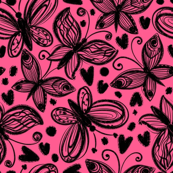 Zökkenőmentes Minta Digitális Tinta Kézzel Rajzolt Fekete Csipke Pillangók Rózsaszín — Stock Fotó