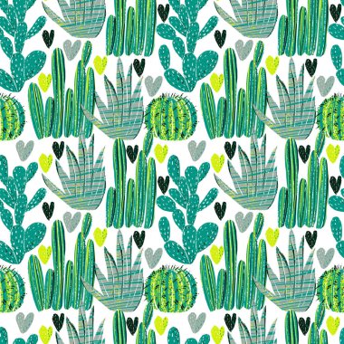 Dijital elle çizilmiş kaktüslü parlak, pürüzsüz desen