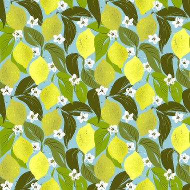 Limonlu parlak, pürüzsüz bir desen. Tatlı yaz meyveleri arka planı. Kağıt ve tekstil tasarımı için resim.