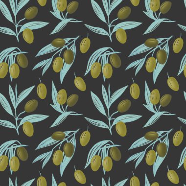 Dijital boyalı, zeytin dallı, pürüzsüz desen. Parlak yaz meyveleri arka planı. Kağıt ve tekstil tasarımı için resim.