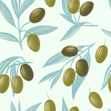 Zeytin dallarıyla kusursuz desen. Tatlı yaz meyveleri arka planı. Kağıt ve tekstil tasarımı için resim.