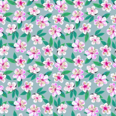 Kiraz çiçeğiyle parlak, pürüzsüz bir desen. Güzel bir yaz çiçeği geçmişi var. Kağıt ve tekstil tasarımı için resim.