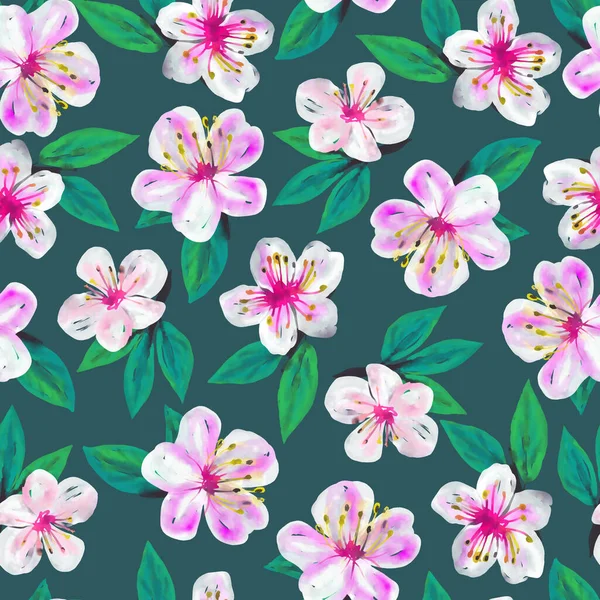 数码绘画无缝图案与樱花 明亮的夏季花卉背景 纸和纺织品设计说明 — 图库照片