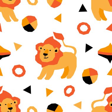 Geometrik tarzda sirk hayvanlarıyla kusursuz desen. Afrikalı aslanlarla vektör çizimi. Çocukların moda tasarımları..