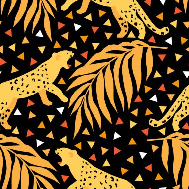 Geometrik tarzda vahşi hayvanlarla kusursuz bir düzen. Afrika safarisiyle vektör illüstrasyonu. Jaguarlı Çocuklar Kumaş Tasarımı.