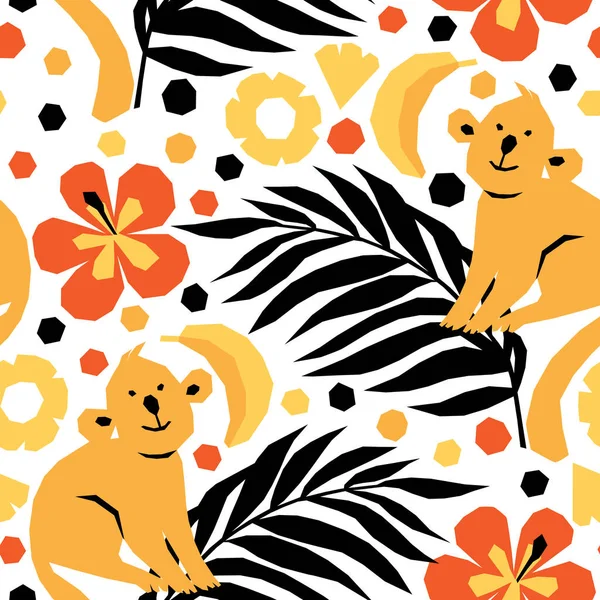 Geometrik tarzda vahşi hayvanlarla kusursuz bir düzen. Tropikal orman bitki örtüsü ve faunayla vektör çizimi. Çocukların moda tasarımları. Komik maymunlar.