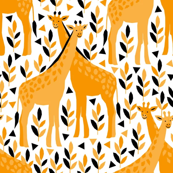 无缝图案与野生动物的几何风格 用非洲狩猎来说明病媒 儿童时装面料设计 可爱的长颈鹿 — 图库矢量图片