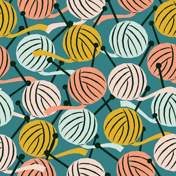 幾何学的なスタイルで糸のボールとシームレスなパターン 編み糸で明るいベクトルイラスト 流行のファッションファブリックデザイン — ストックベクタ