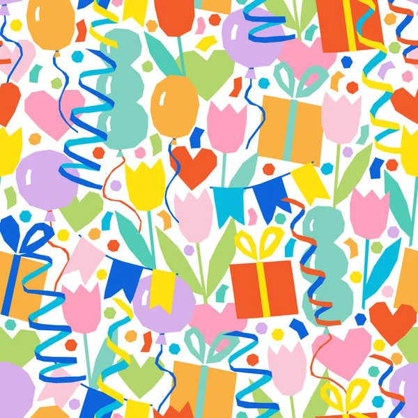 Hediyeler, balonlar, şenlikli çelenkler, konfeti ve çiçeklerle dolu bir doğum günü temasında uygulanabilir biçimdeki vektör kusursuz desen